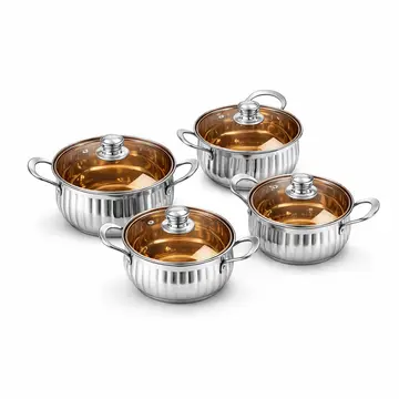 8-Piece Ribbed Stainless Steel Cookware Set with Gold Interior in Silver & Gold, view 1