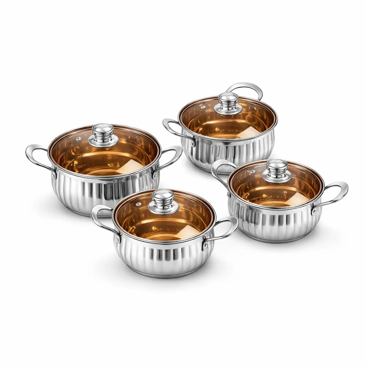 8-Piece Ribbed Stainless Steel Cookware Set with Gold Interior in Silver & Gold, view 1
