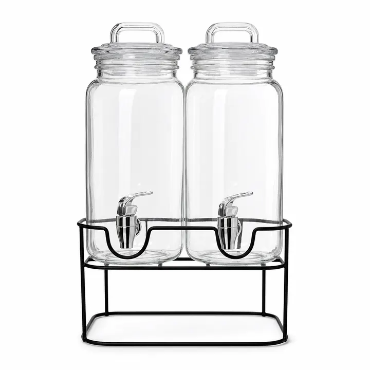 Double Glass Beverage Dispenser Set with Black Iron Stand - 2 x 2.2L in Clear Glass, view 1