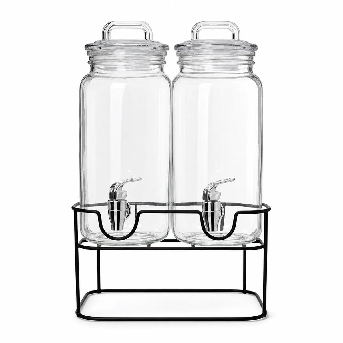 Double Glass Beverage Dispenser Set with Black Iron Stand - 2 x 2.2L in Clear Glass, view 1