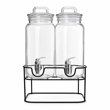 Double Glass Beverage Dispenser Set with Black Iron Stand - 2 x 2.2L in Clear Glass, view 1