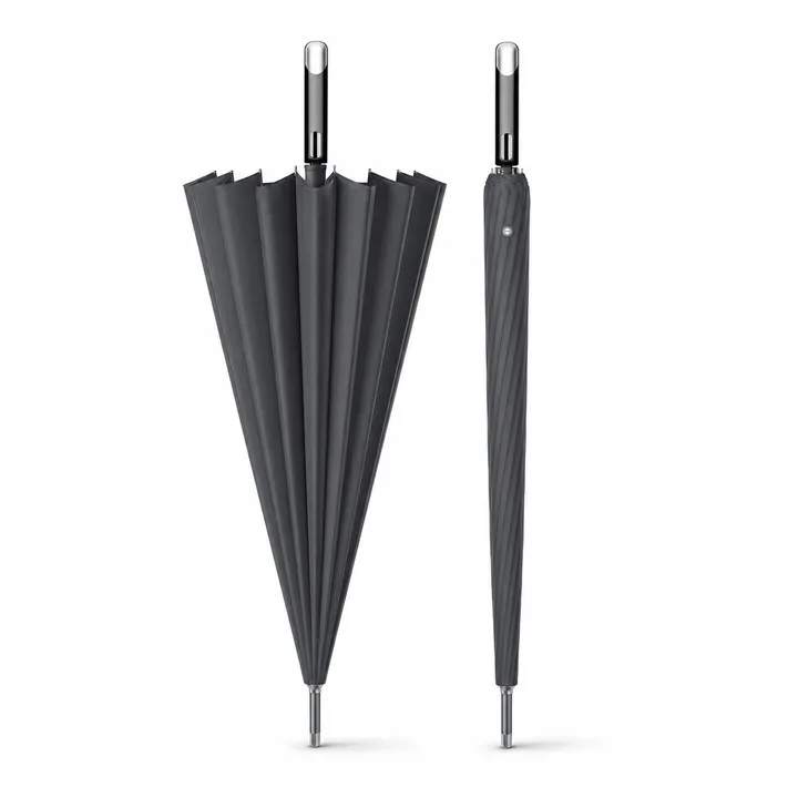 Premium 16-Rib Windproof Classic Black Stick Umbrella in Grey, view 2