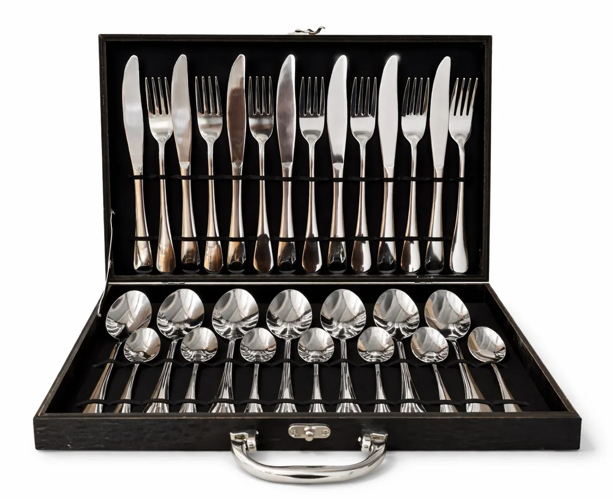 Premium 24-Piece Stainless Steel Cutlery Set in Luxury Briefcase in Black Case, view 1
