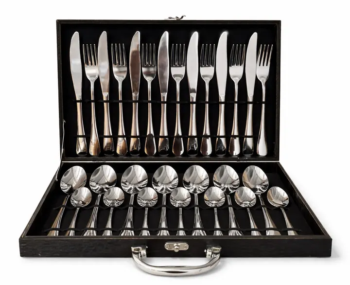 Premium 24-Piece Stainless Steel Cutlery Set in Luxury Briefcase in Black Case, view 1