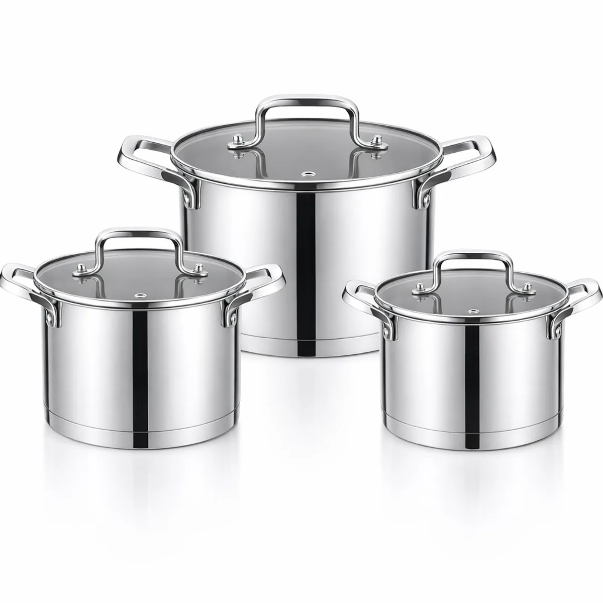 Premium 3-Piece Stainless Steel Casserole Pot Set with Amber Glass Lids in Stainless Steel, view 1