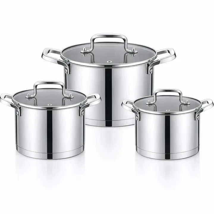 Premium 3-Piece Stainless Steel Casserole Pot Set with Amber Glass Lids in Stainless Steel, view 1