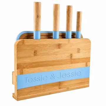 Premium Bamboo Knife Block Set with Cutting Board in Bamboo & Blue, view 1