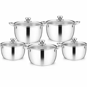 10-Piece Stainless Steel Belly Shape Cookware Pot Set with Glass Lids in Stainless Steel, view 1