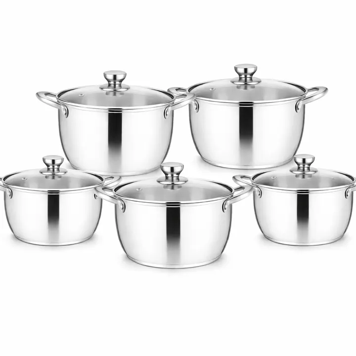 10-Piece Stainless Steel Belly Shape Cookware Pot Set with Glass Lids in Stainless Steel, view 1