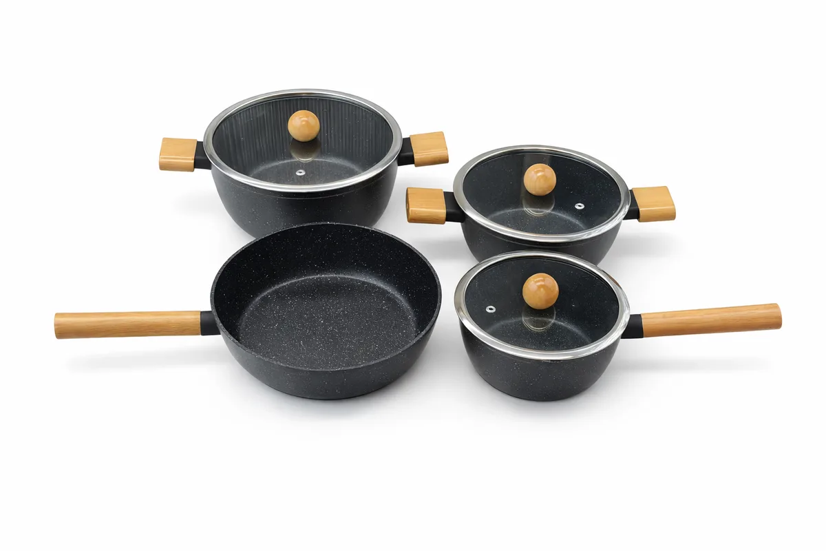 7-Piece Non-Stick Granite Cookware Set with Wooden-Style Handles in Black Granite, view 1