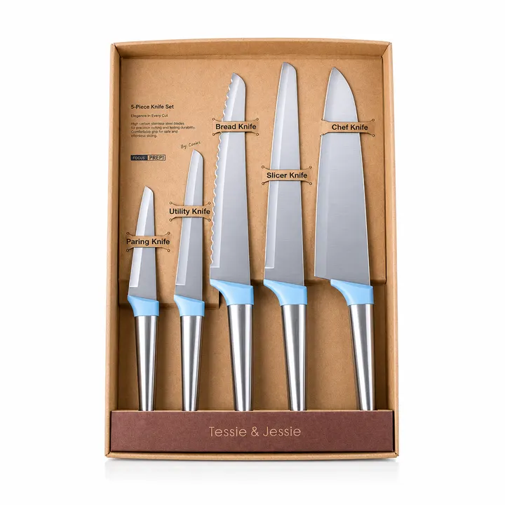 Premium 5-Piece Stainless Steel Kitchen Knife Set in Stainless Steel & Blue, view 1