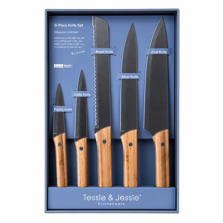 Premium 5-Piece Kitchen Knife Set with Bamboo Handles in Black & Bamboo, view 1