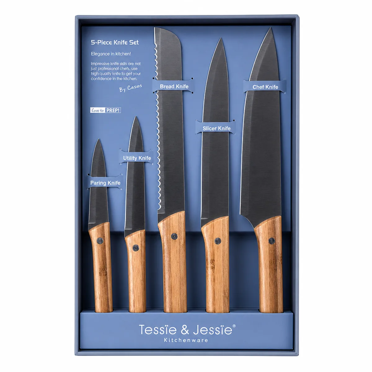 Premium 5-Piece Kitchen Knife Set with Bamboo Handles in Black & Bamboo, view 1