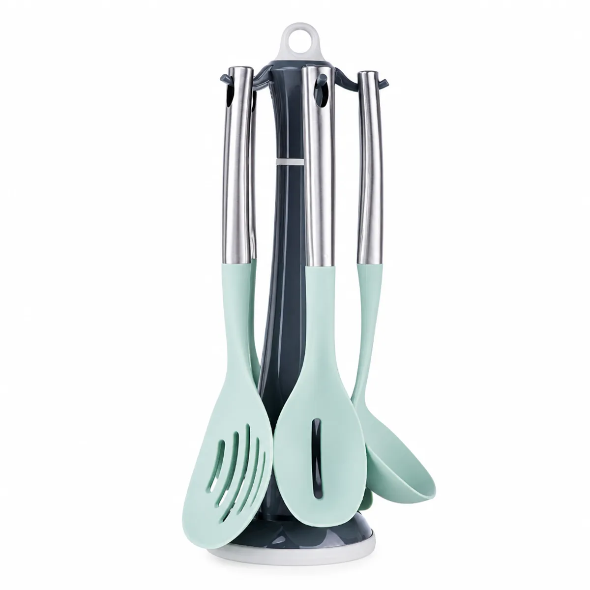 Premium Silicone Kitchen Utensil Set with Stainless Steel Handles & Carousel Stand in Mint & Charcoal, view 1