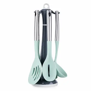 Premium Silicone Kitchen Utensil Set with Stainless Steel Handles & Carousel Stand in Mint & Charcoal, view 1
