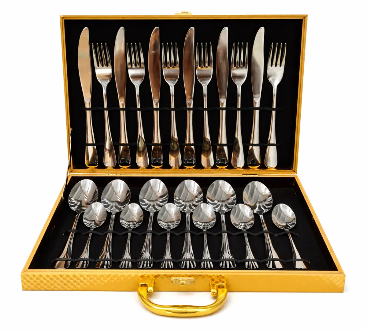 Luxury 24-Piece Stainless Steel Cutlery Set in Golden Gift Case in Gold Case, view 1