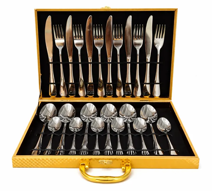 Luxury 24-Piece Stainless Steel Cutlery Set in Golden Gift Case in Gold Case, view 1