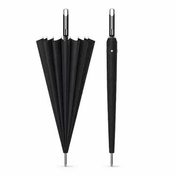 Premium 16-Rib Windproof Classic Black Stick Umbrella in Black, view 1