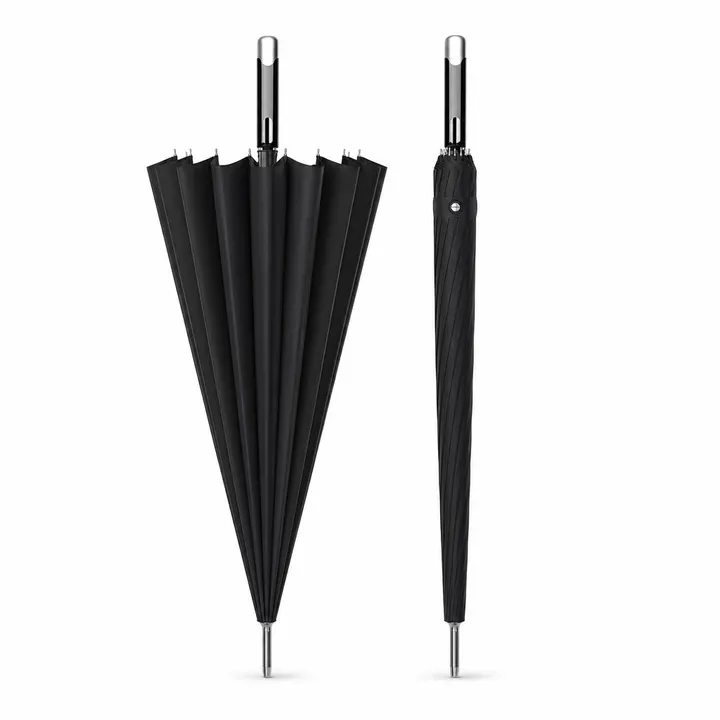 Premium 16-Rib Windproof Classic Black Stick Umbrella in Black, view 1