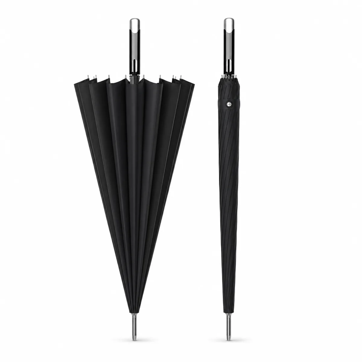 Premium 16-Rib Windproof Classic Black Stick Umbrella in Black, view 1