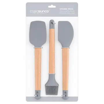 Premium 3-Piece Silicone & Wood Kitchen Utensil Set - Spatula, Scraper & Brush in Grey & Wood, view 1