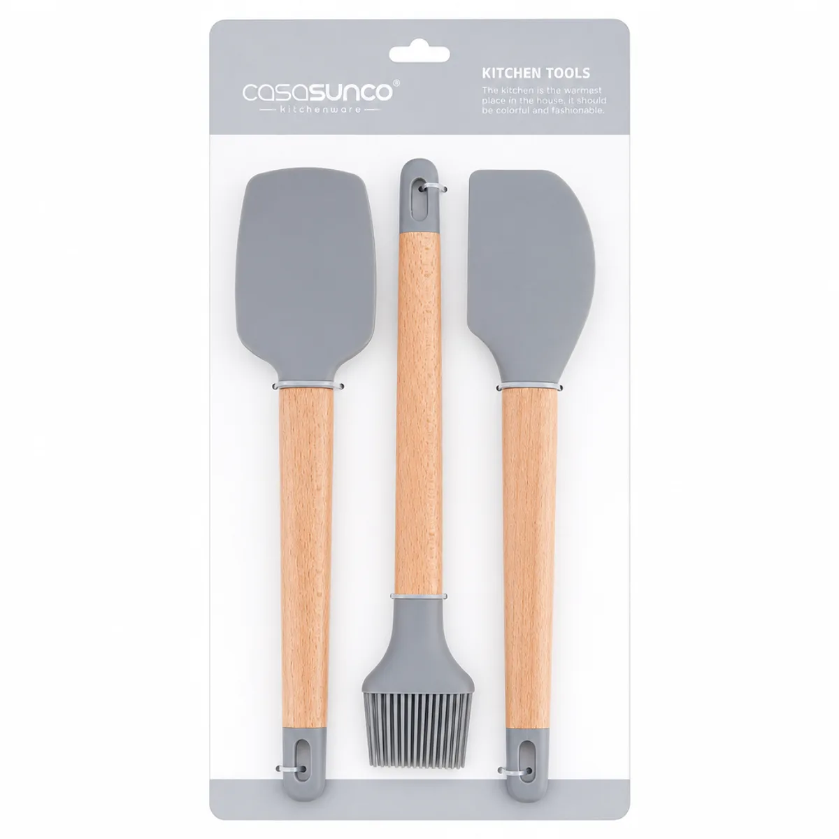 Premium 3-Piece Silicone & Wood Kitchen Utensil Set - Spatula, Scraper & Brush in Grey & Wood, view 1