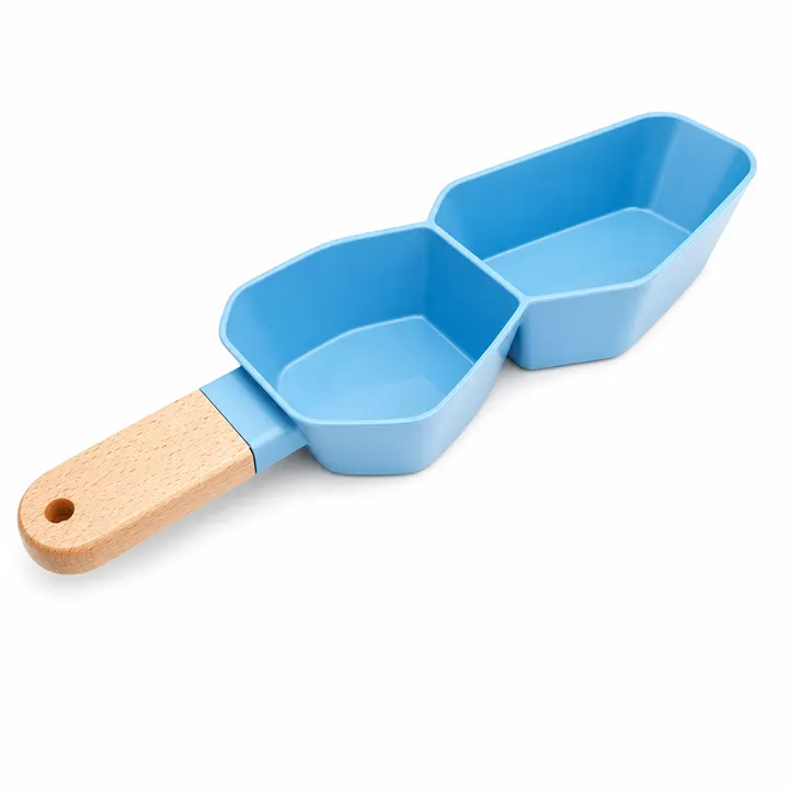 Double Compartment Snack Bowl with Wooden Handle in Blue & Wood, view 1