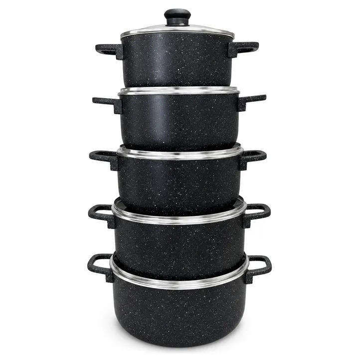 Premium Aluminum Non-Stick Cookware Set with Glass Lids in Black Granite, view 1