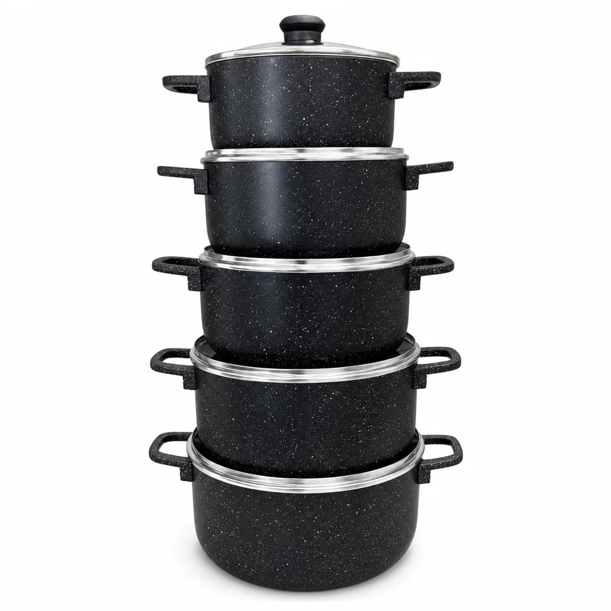 Premium Aluminum Non-Stick Cookware Set with Glass Lids in Black Granite, view 1