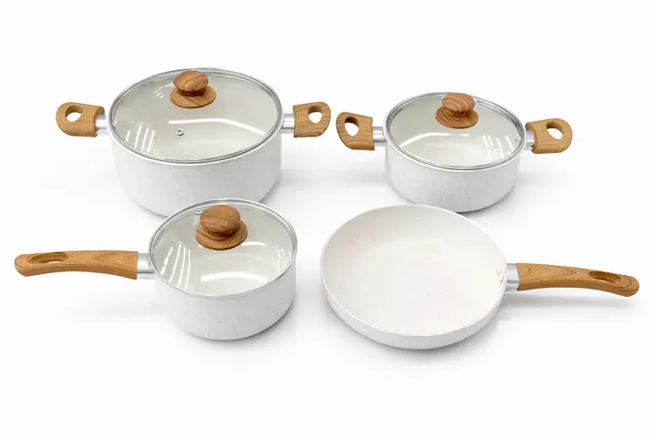 7-Piece White Granite Non-Stick Cookware Set with Wood-Effect Handles in White Granite, view 1
