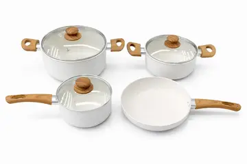 7-Piece White Granite Non-Stick Cookware Set with Wood-Effect Handles in White Granite, view 1