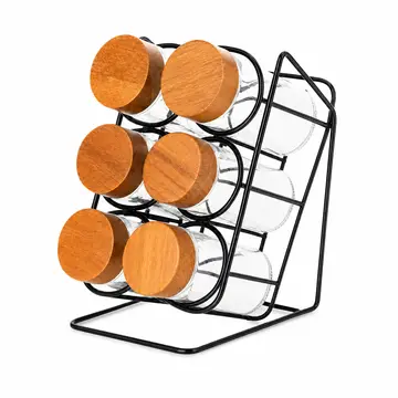 7-Piece Glass Spice Bottle Set with Wooden Lids & Black Iron Stand in Clear Glass, view 1
