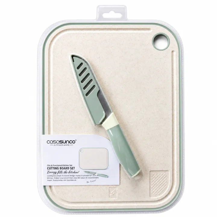 Casa Sunco Eco-Friendly Wheat Straw Cutting Board & Knife Set in Beige & Sage, view 1