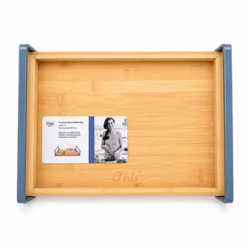 O'lala Design Premium Bamboo Serving Tray with Handles in Bamboo & Blue, view 1
