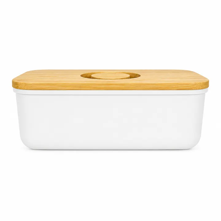 Modern White Bread Bin with Bamboo Lid in White & Bamboo, view 1