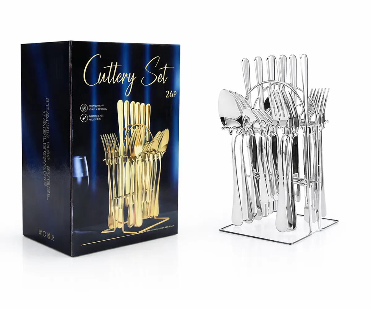 Premium 24-Piece Stainless Steel Cutlery Set with Display Stand in Silver, view 1