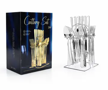 Premium 24-Piece Stainless Steel Cutlery Set with Display Stand in Silver, view 1