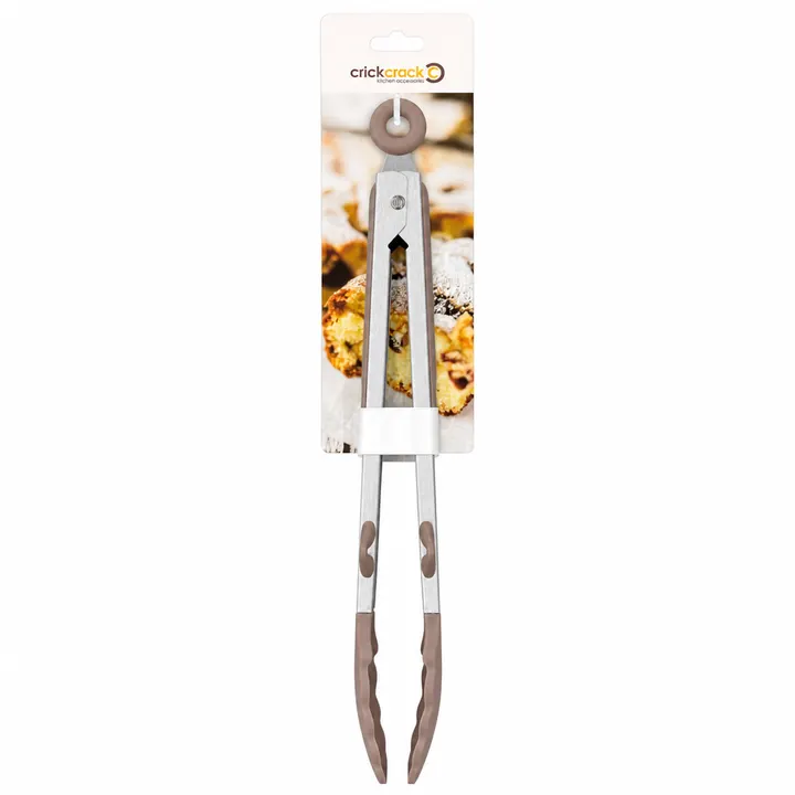 Premium Silicone Kitchen Tongs with Built-In Rest & Locking Mechanism in Taupe, view 1