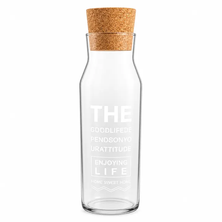 Minimalist Glass Water Carafe with Cork Lid - Inspirational Quote Pitcher in Clear Glass & Cork, view 1