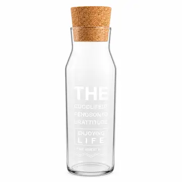 Minimalist Glass Water Carafe with Cork Lid - Inspirational Quote Pitcher in Clear Glass & Cork, view 1