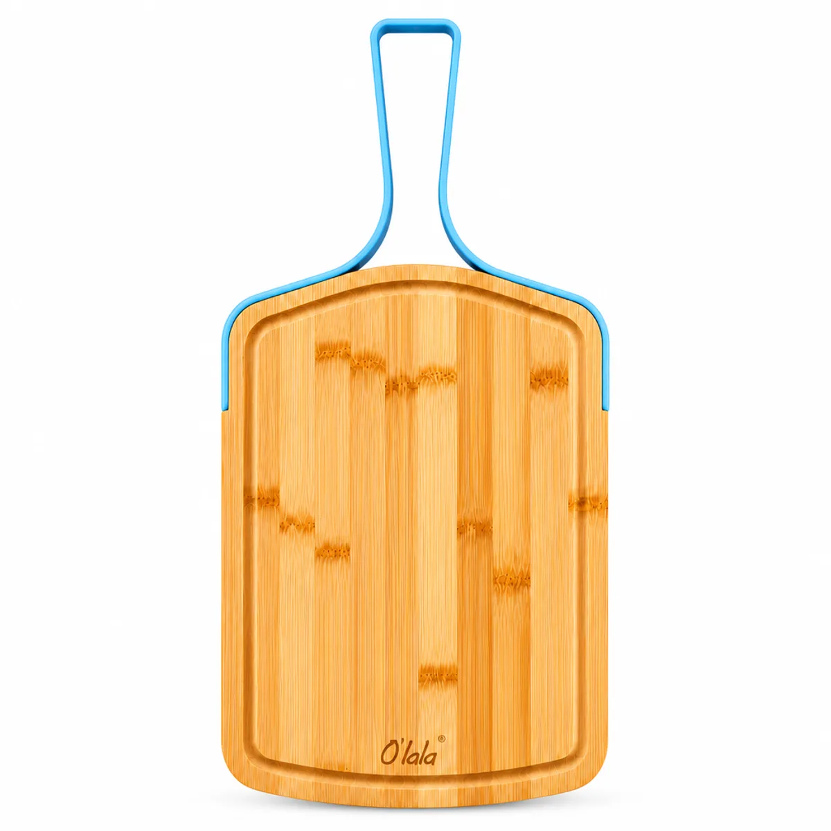 Premium O'lala Bamboo Cutting Board with Ergonomic Handle in Bamboo & Blue, view 1