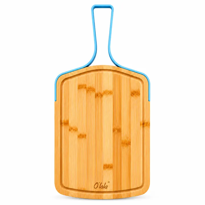 Premium O'lala Bamboo Cutting Board with Ergonomic Handle in Bamboo & Blue, view 1