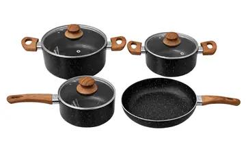 7-Piece White Granite Non-Stick Cookware Set with Wood-Effect Handles in Black Granite, view 1