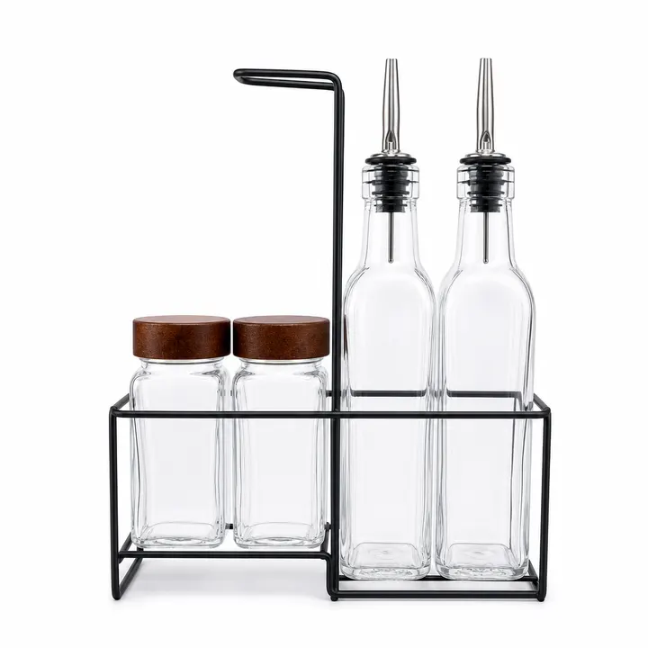 4-Piece Glass Oil & Spice Dispenser Set with Black Iron Stand in Clear Glass, view 1