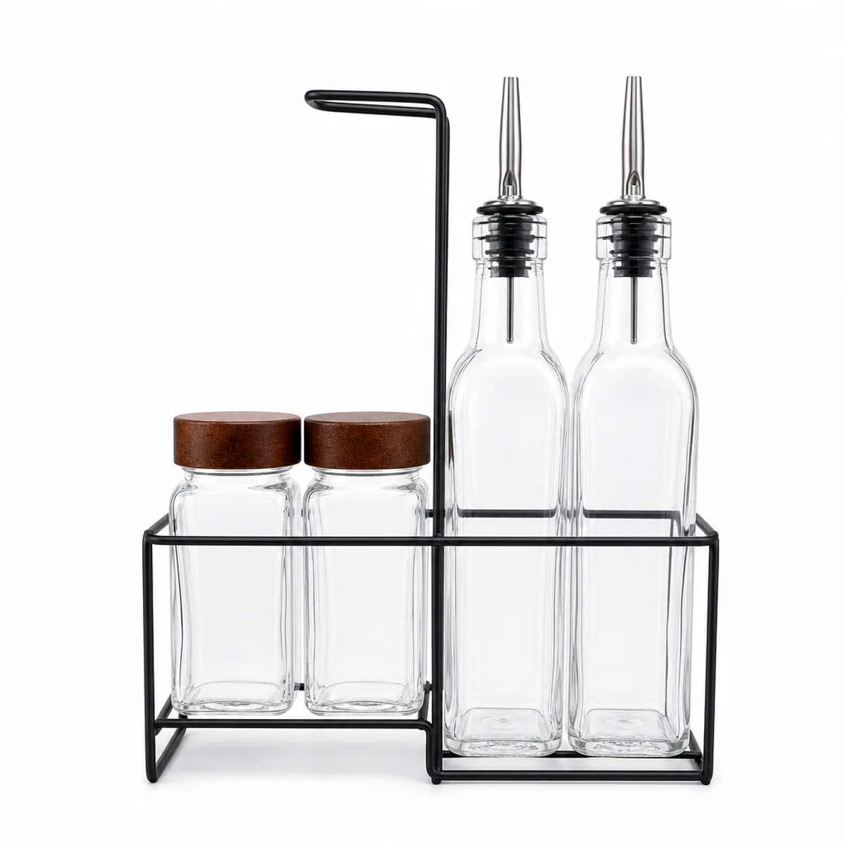 4-Piece Glass Oil & Spice Dispenser Set with Black Iron Stand in Clear Glass, view 1