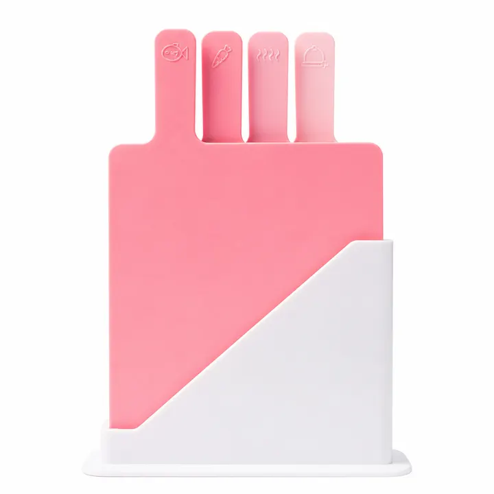 4-Piece Color-Coded Index Cutting Board Set with Storage Stand in Pink, view 2