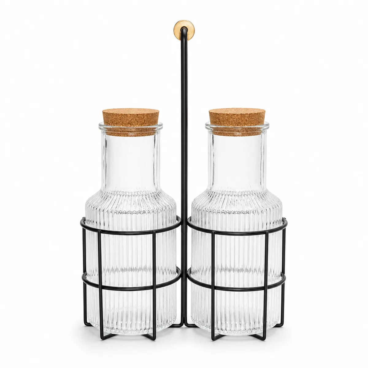 Premium 2-Piece 1000ml Glass Juice Jar Set with Black Iron Stand & Cork Lids in Clear Glass, view 1