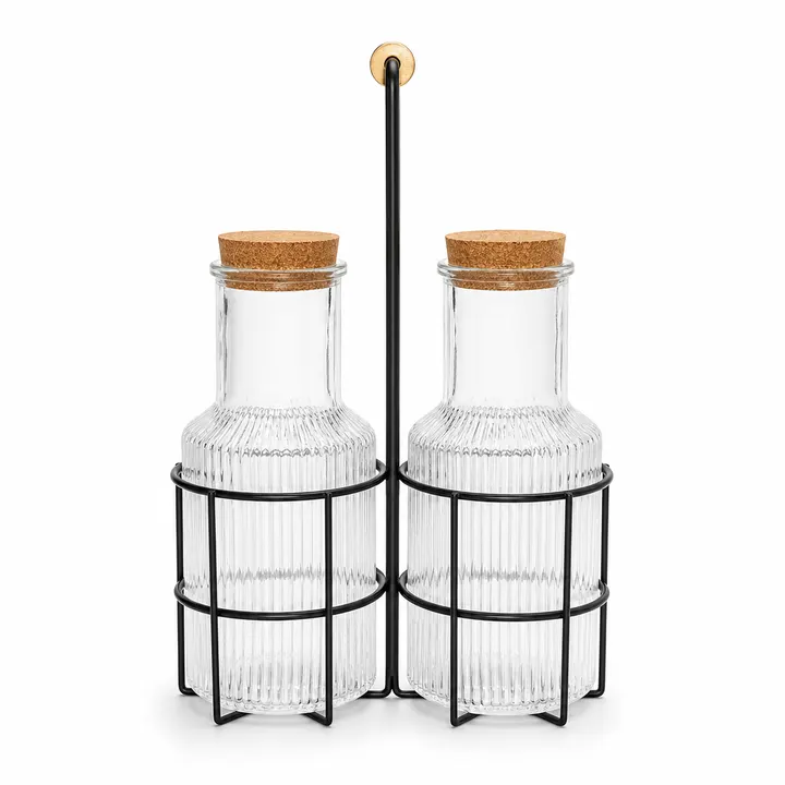 Premium 2-Piece 1000ml Glass Juice Jar Set with Black Iron Stand & Cork Lids in Clear Glass, view 1