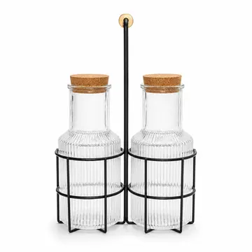 Premium 2-Piece 1000ml Glass Juice Jar Set with Black Iron Stand & Cork Lids in Clear Glass, view 1