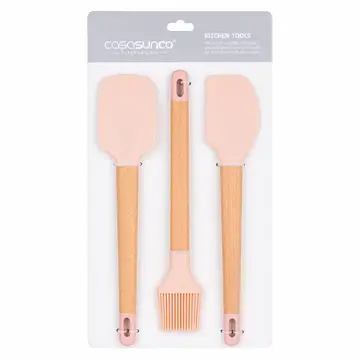 Premium 3-Piece Silicone & Wood Kitchen Utensil Set - Spatula, Scraper & Brush in Blush Pink & Wood, view 1